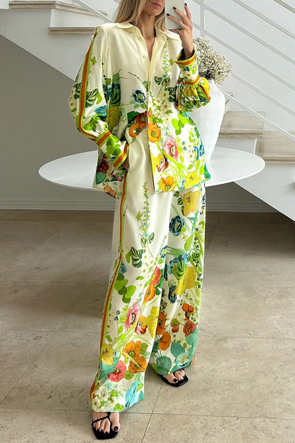 Satin Print Back Tie-up Button Down Oversized Blouse