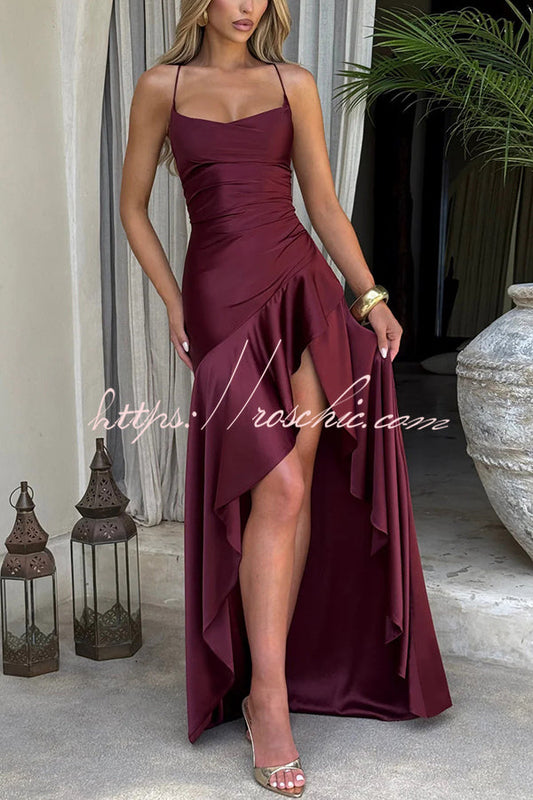 Color Backless Lace-up Irregular Ruffled Maxi Dress