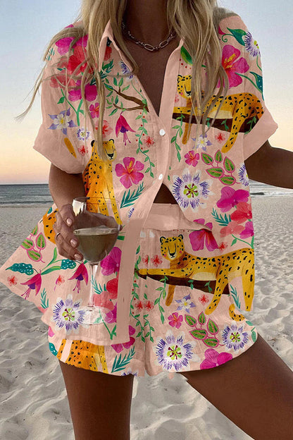 Leopard Print Loose Buttoned Elastic Waist Shorts Set