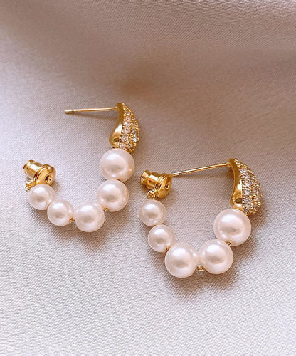 Gold Copper Alloy Zircon Pearl Hoop Earrings