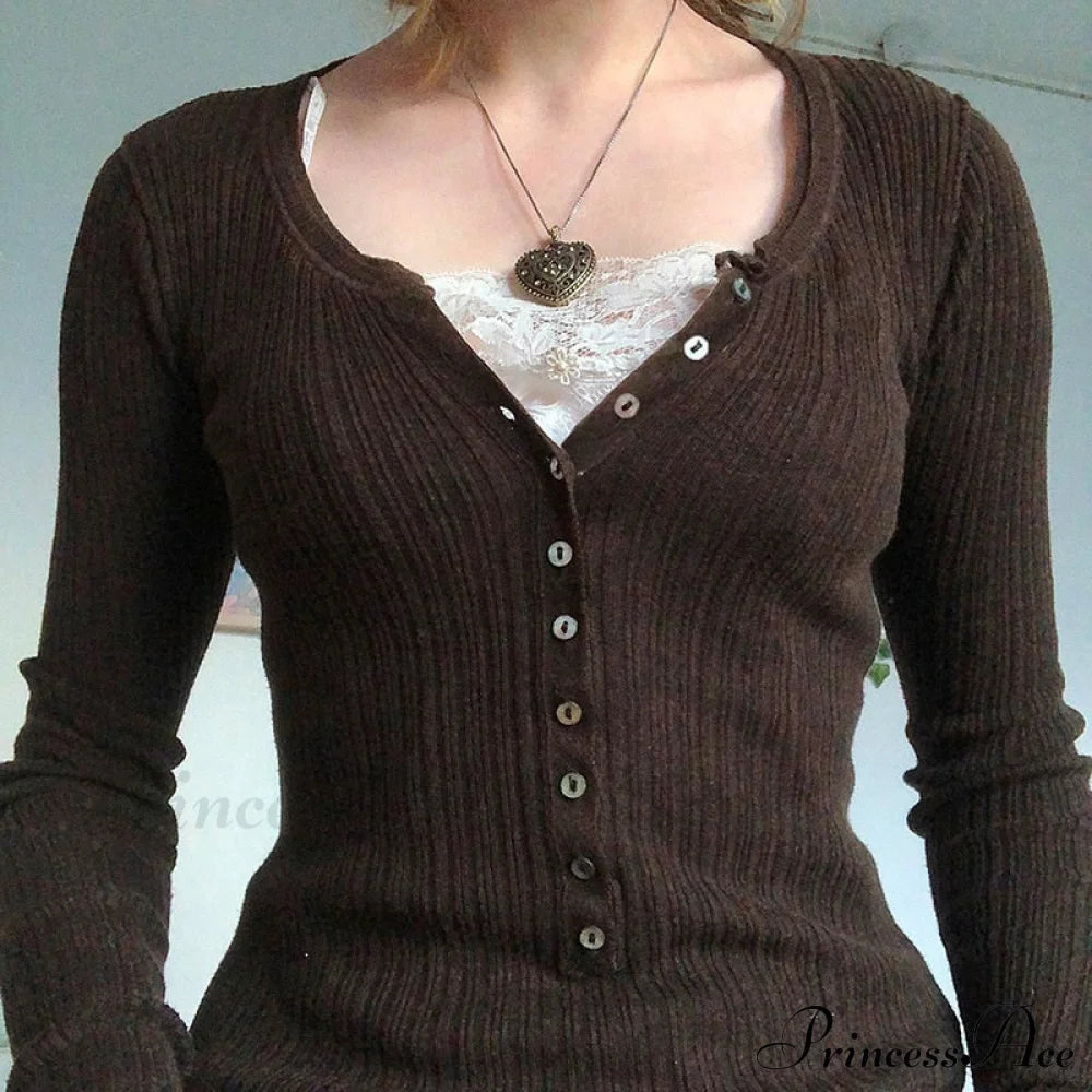 Aesthetic Up Ribbed Lace Arm Patchwork Retro Tops Y2k Skinny Grunge Button Long Fairy T-shirt Blouse