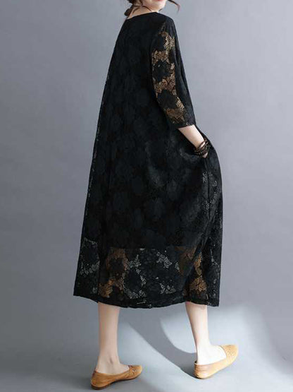 Half Sleeves Loose Hollow Color Round-neck Midi Dresses