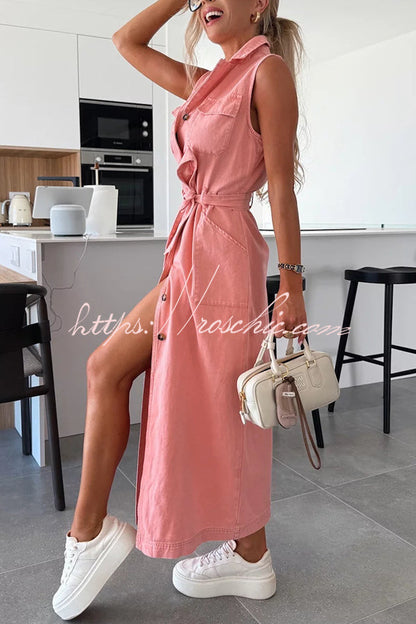 Color Sleeveless Single Breasted Waist Tie Pocket Denim Midi Dress
