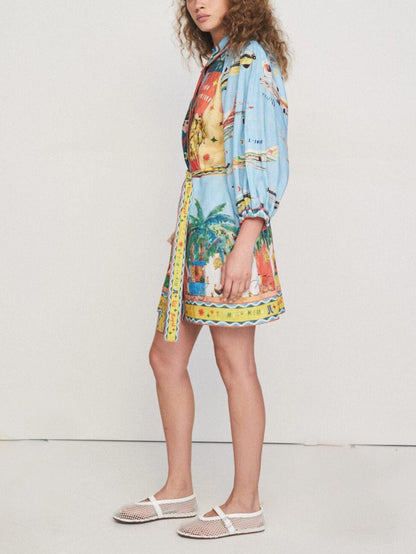 Unique Satin Art Print Tie Pocket Shirt Mini Dress