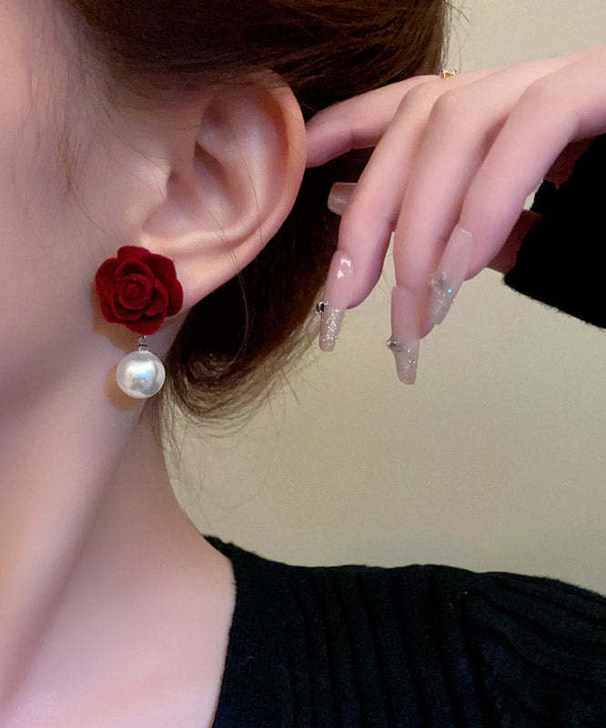 Art Mulberry Flocking Pearl Rose Drop Earrings