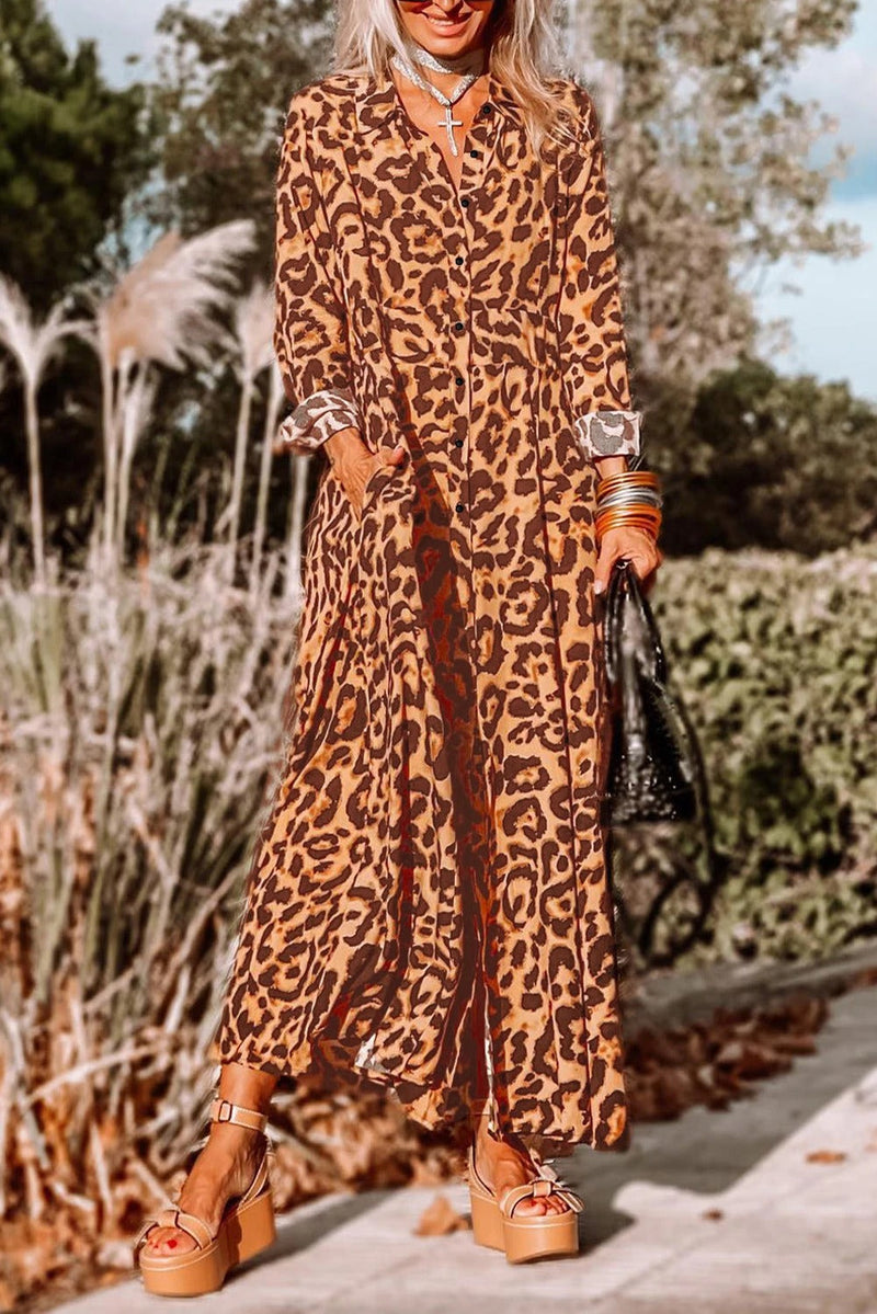 Leopard Print Button-up Long Sleeve Maxi Dress