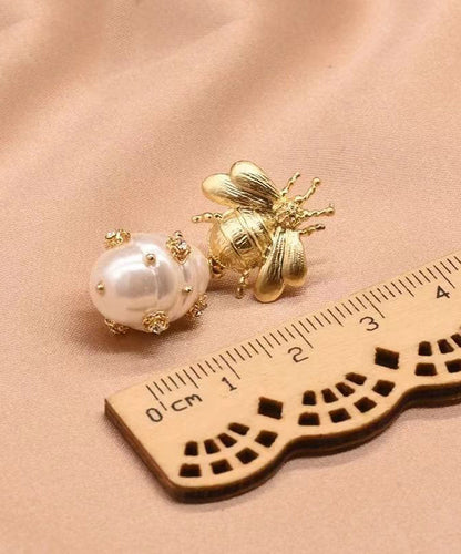 Classy Gold Copper Overgild Zircon Bee Pearl Drop Earrings