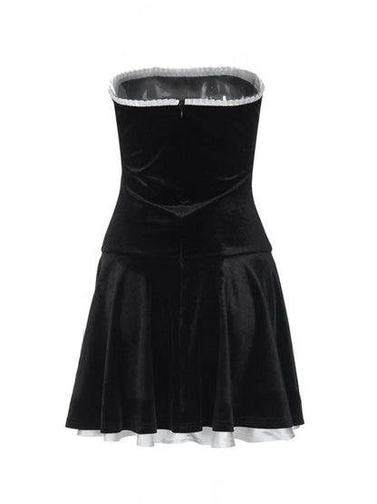 Black Velvet Splice Pleated Bandeau Mini Dress