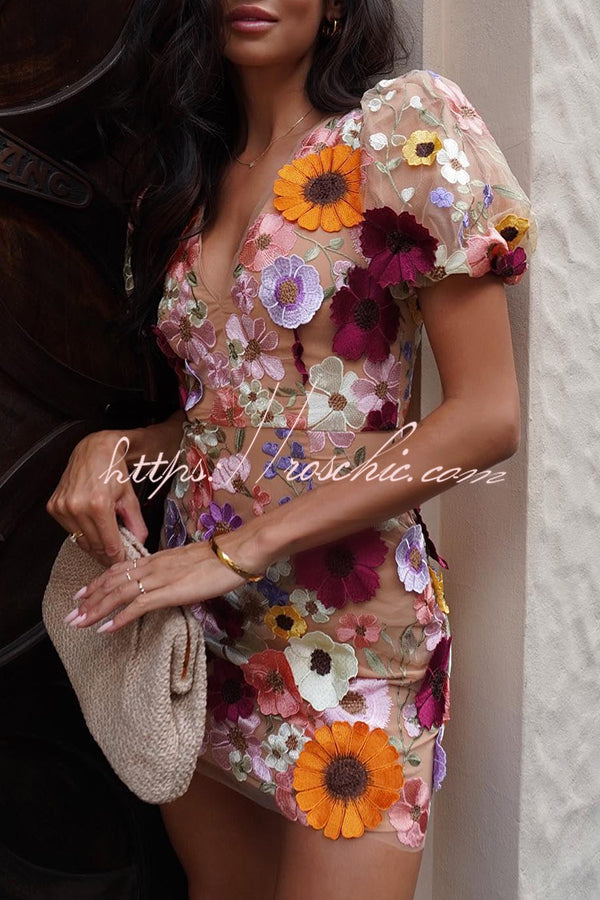 Garden Gala Embroidered Applique Puff Sleeve Mini Dress