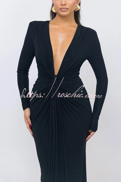 Color Shiny V-neck Long Sleeve Ribbon Slit Slim Fit Maxi Dress