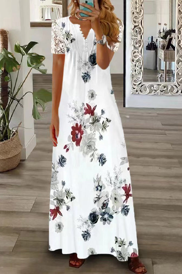 V Neck Button Lace Sleeve Holiday Beach Maxi Dress