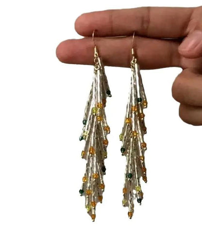 Novelty Silk Sterling Silver Overgild Ear of Wheat Tassel Drop Earrings