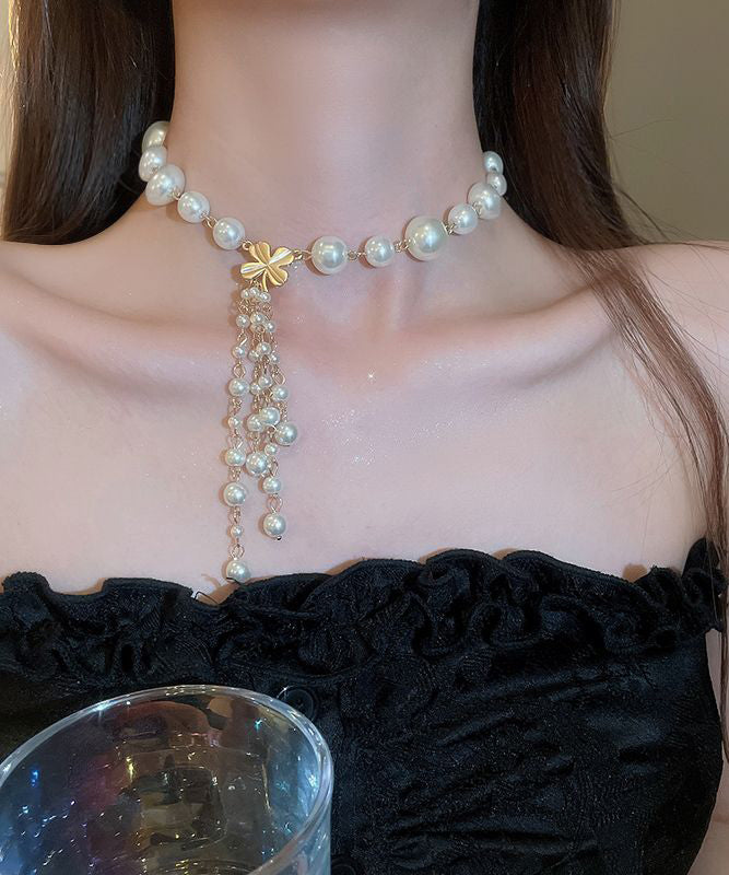 White Alloy Pearl Tassel Pendant Necklace
