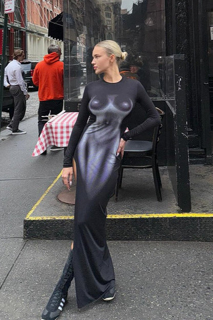 3d Print Bodycon Long Sleeve Maxi Dress