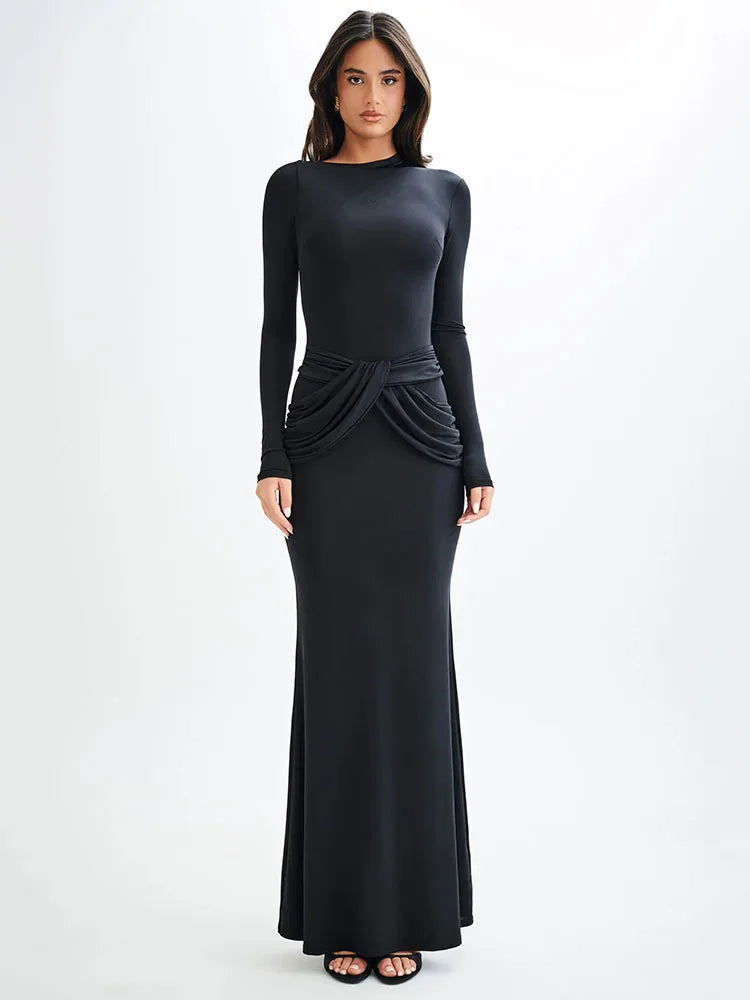 Long Sleeved Elastic Tight Long Dress Bodycon Pleated Evening Dress Slimming Party Club Vestido Fall