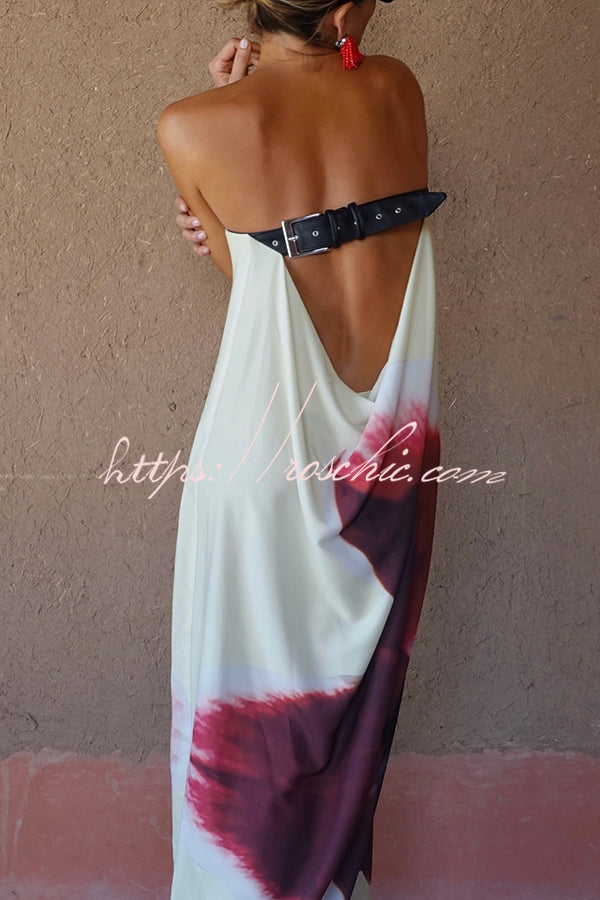 Print Strapless Backless Belt Maxi Dress