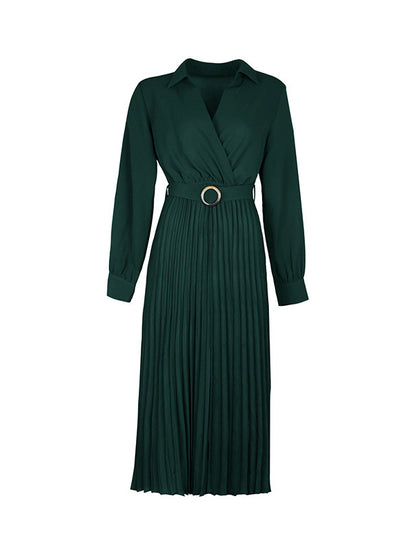 A-line Long Sleeves Belted Buttoned Pleated Lapel Midi Dresses