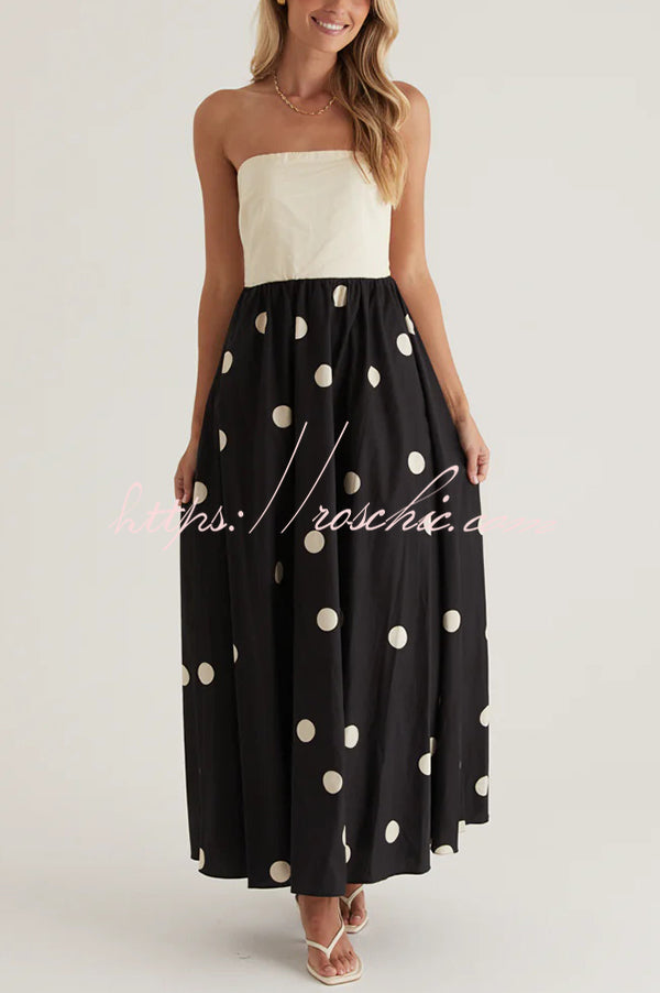 Polka Dot Print Tube Top Spliced Maxi Dress