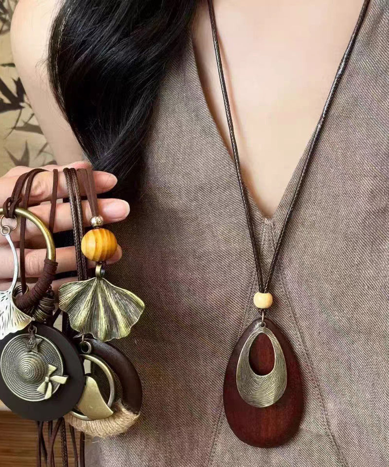 Black Wooden Patchwork Waxed Cord Sweater Pendant Necklace
