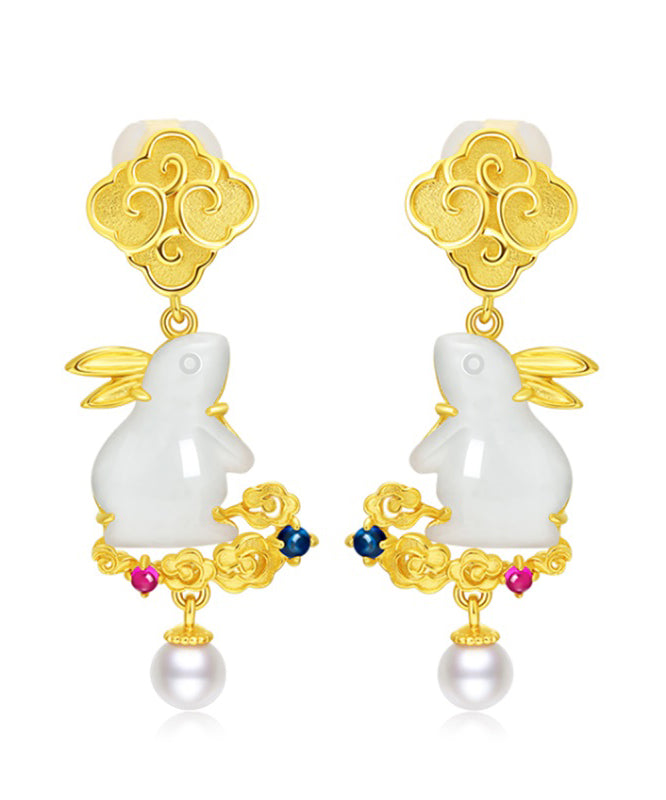 Stylish Yellow Sterling Silver Overgild Jade Pearl Xiangyun the Jade Hare Drop Earrings