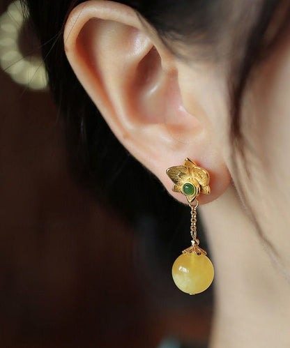 Fine Yellow Sterling Silver Overgild Beeswax Amber Crystal Drop Earrings