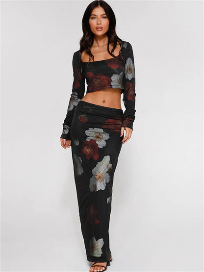 Printed 2 Piece-set Female Patchwork Long Sleeve Crop Top and Maxi Dress Sets Long Skirt Outfits