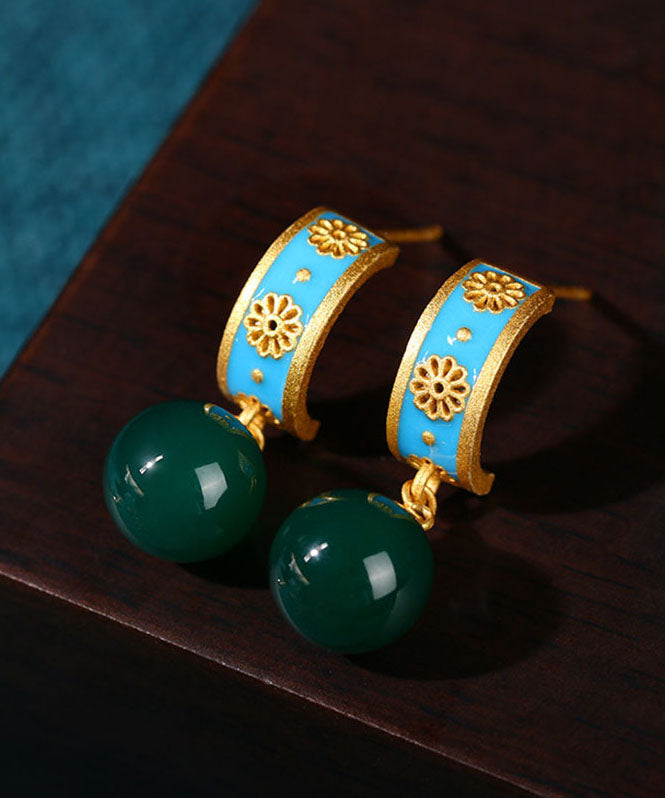 Retro Blue Ancient Gold Chalcedony Hoop Earrings