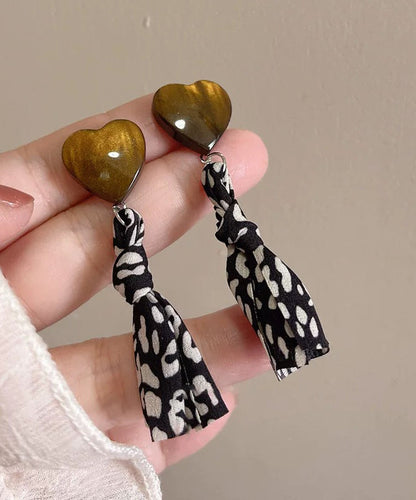Black Copper Fabric Resin Love Print Drop Earrings