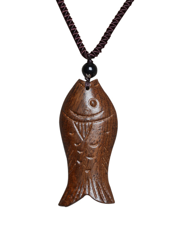 Brown Hand Knitting Woode Fish Peach Wood Pendant Necklace