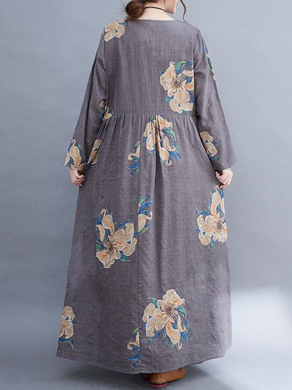 Loose Pleated Flower Printed Round-neck Long Sleeves Maxi Dress