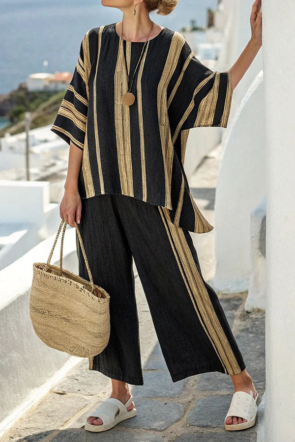 Linen Blend Unique Print Half Sleeve Top and Elastic Waist Pocket Loose Pants Set