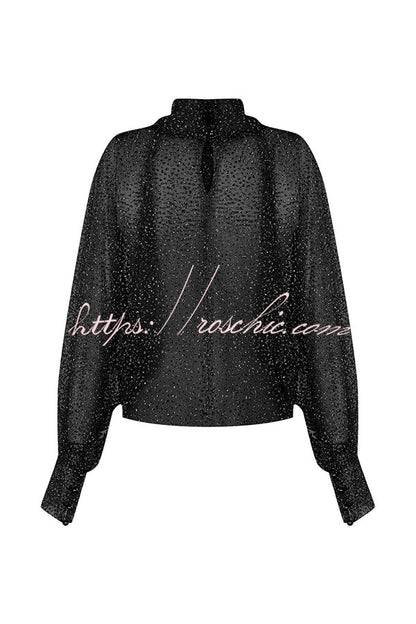 Wear Tool Glitter Decoration Mesh High Neck Lantern Sleeve Blouse