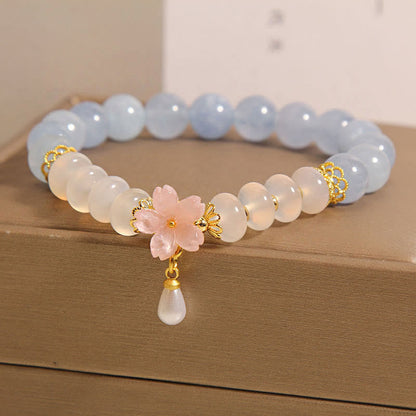 Aquamarine White Agate Flower Healing Bracelet 14cm