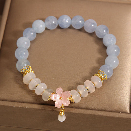 Aquamarine White Agate Flower Healing Bracelet 14cm