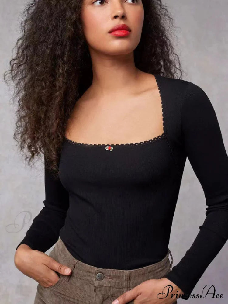 Arm Stretch Flower Boxy Long Thread T-shirt Body Neck Knitted Top