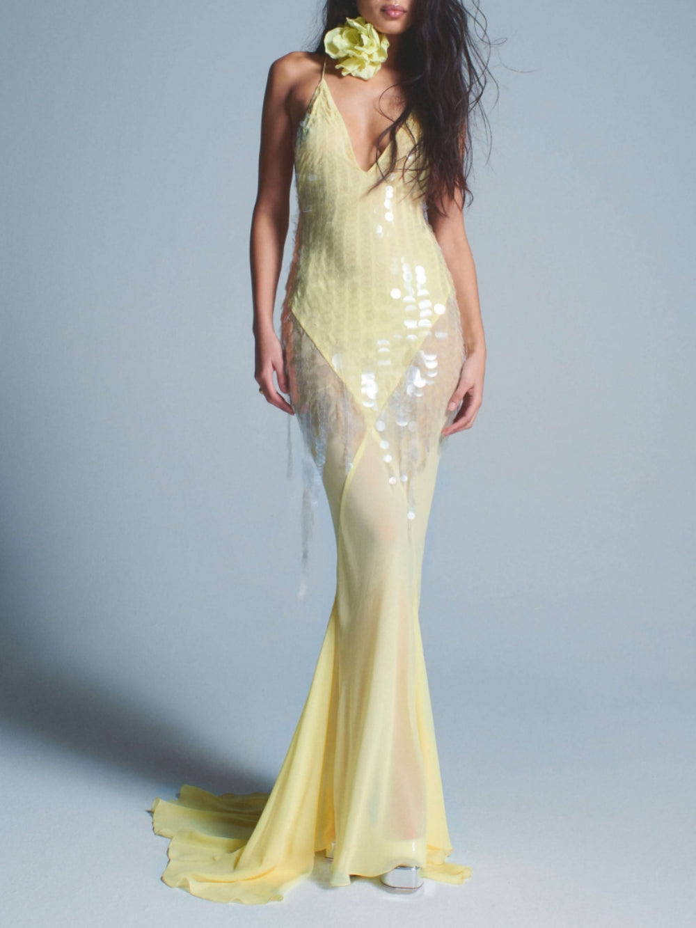 Sequins Low V-neck Draped Maxi Dress