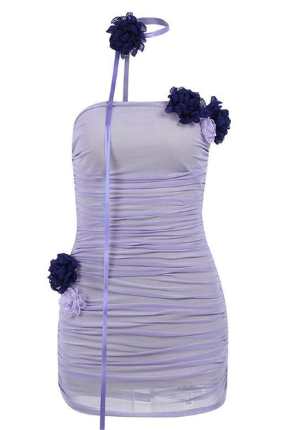 Athena Flower Applique Mesh Mini Dress