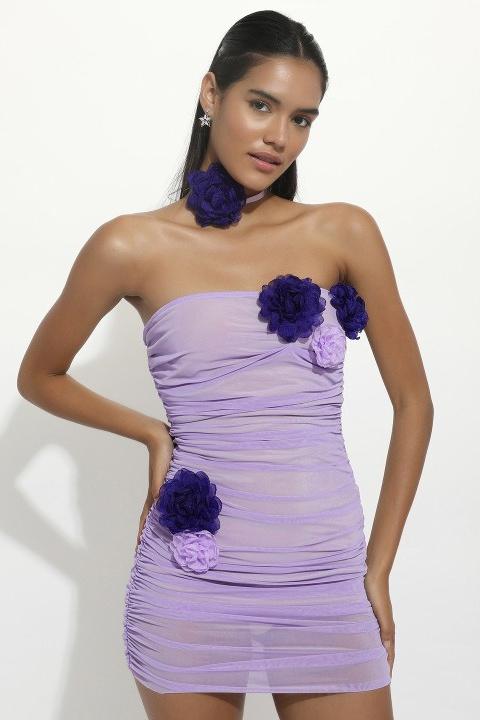 Athena Flower Applique Mesh Mini Dress