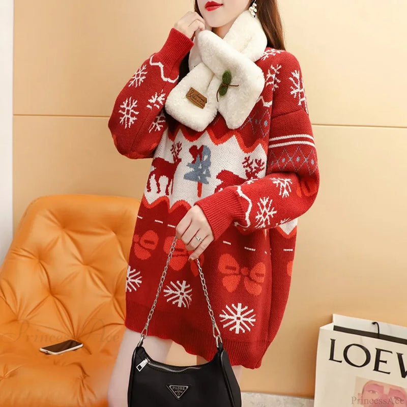 Autumn Winter Christmas Elk Red Oversized Christmas Sweater