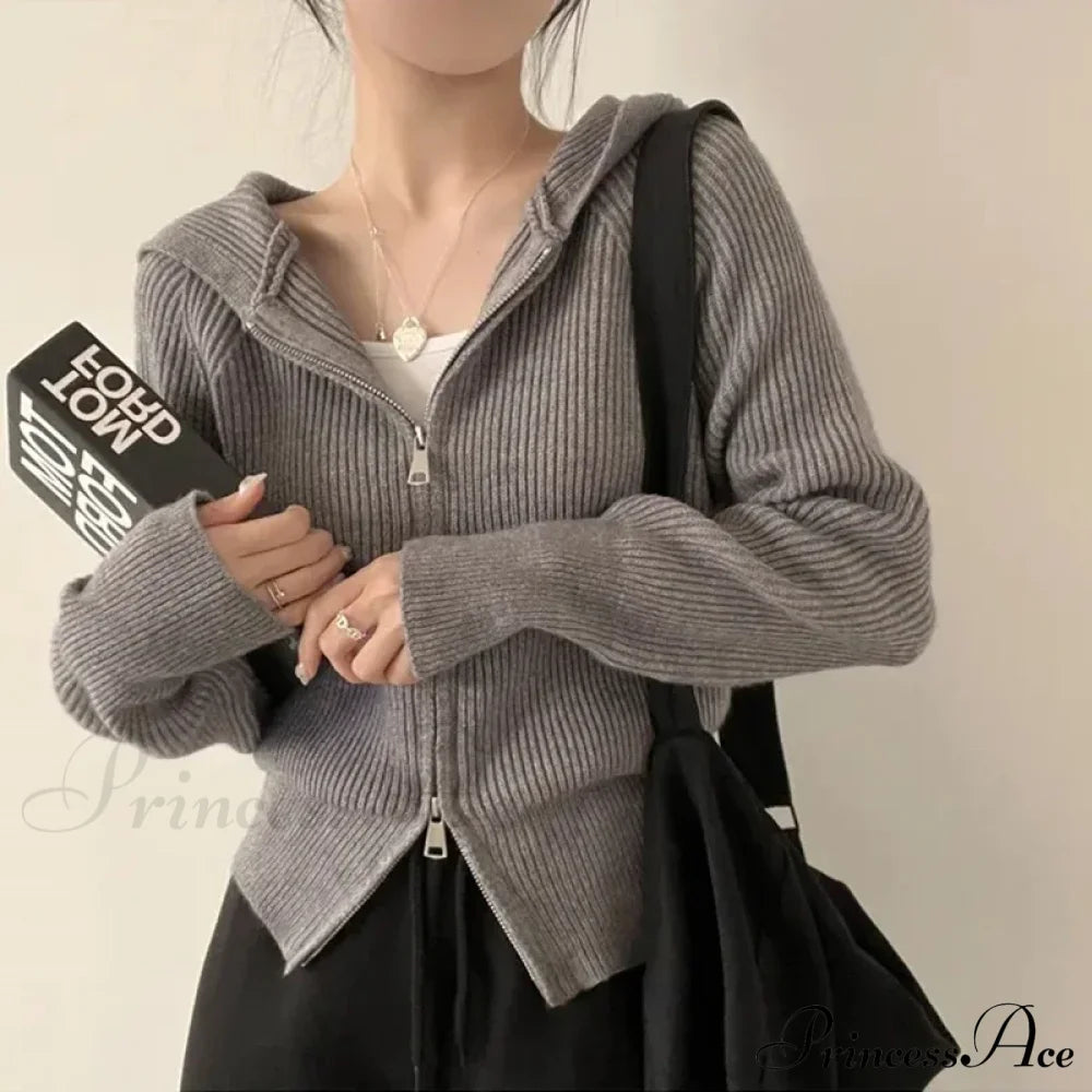 Autumn Winter Long Sleeve Short Loose Knitted Zipper Cardigan