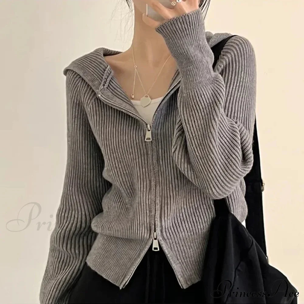 Autumn Winter Long Sleeve Short Loose Knitted Zipper Cardigan