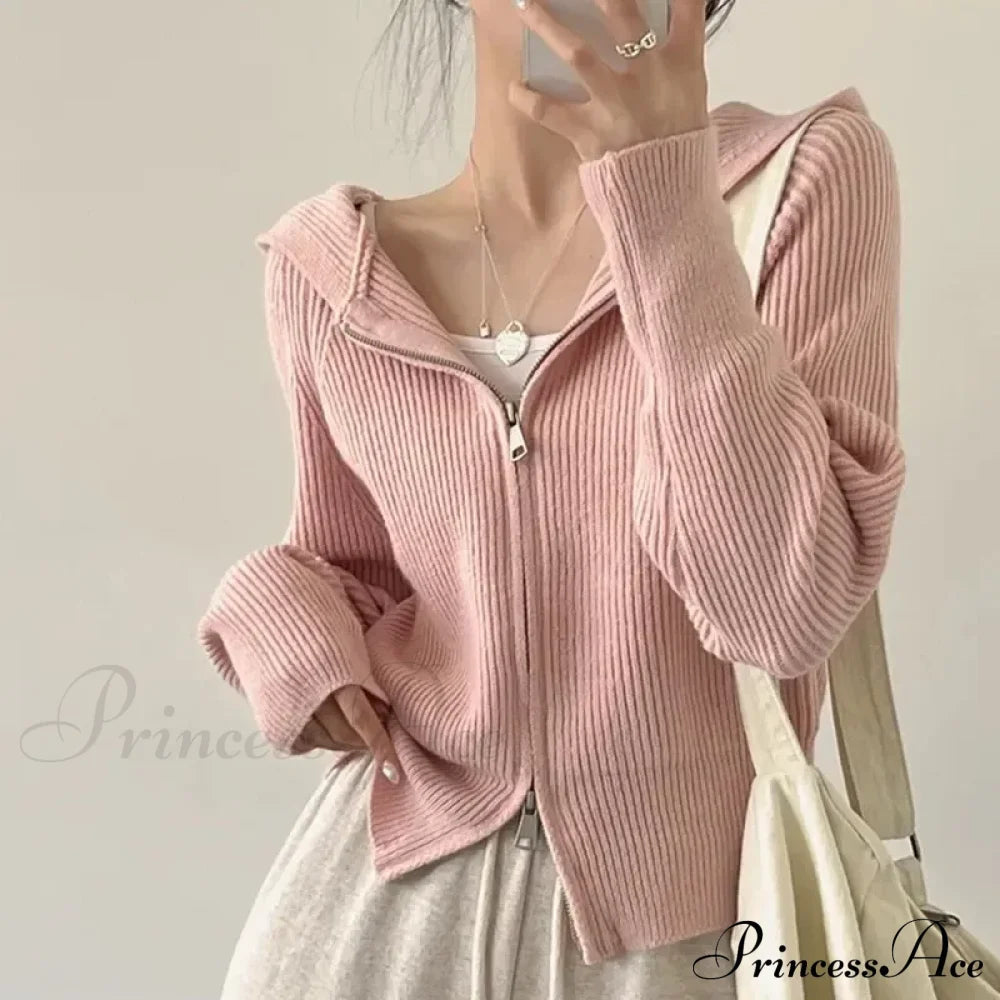 Autumn Winter Long Sleeve Short Loose Knitted Zipper Cardigan