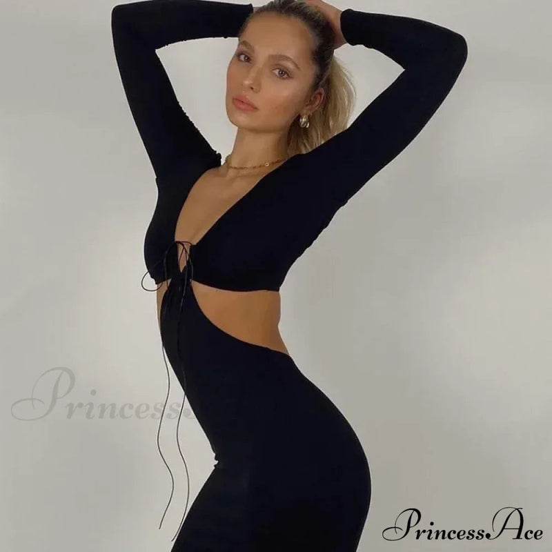 Autumnal Long-sleeved Halter-necked Black Split Skinny Sensual Maxi Dress