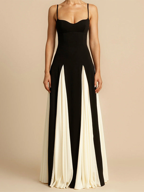 High Waisted Sleeveless Backless Contrast Color Pleated Split-joint Spaghetti-neck Maxi Dresses