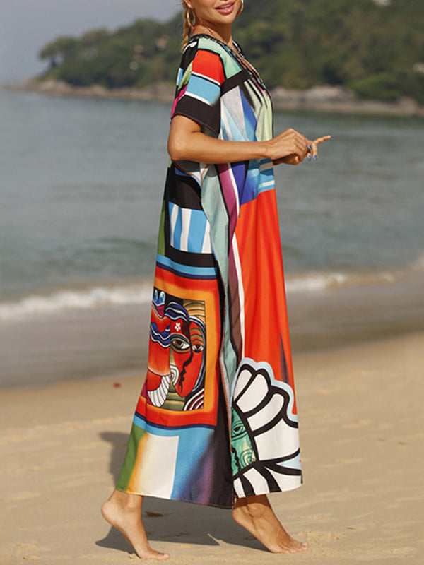 Batwing Sleeves Loose Printed Split-joint Split-side V-neck Maxi Dresses