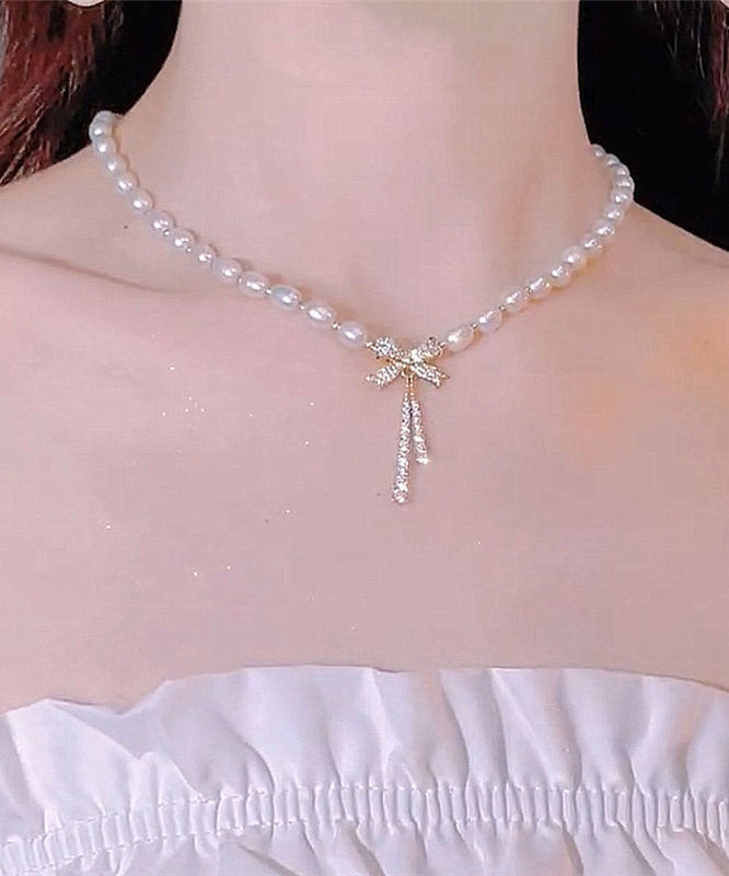 Stylish Alloy Pearl Zircon Bow Gratuated Bead Necklace