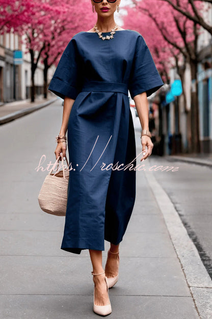 Color Round Neck Half Sleeve Waist Midi Dress