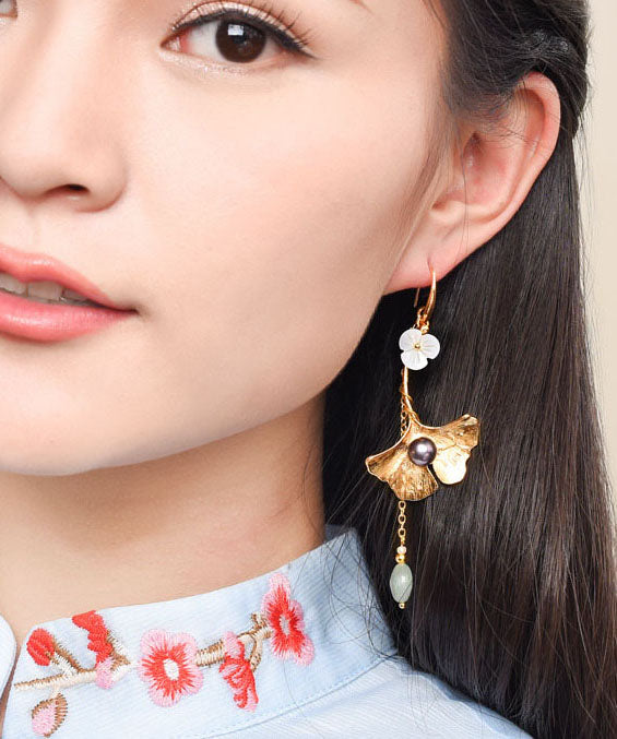 Style Asymmetrical Design Flower 14k Gold Jade Drop Earrings