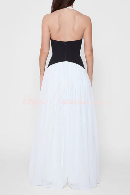 Fashionable Color Matching Halter Neck Waist Maxi Dress