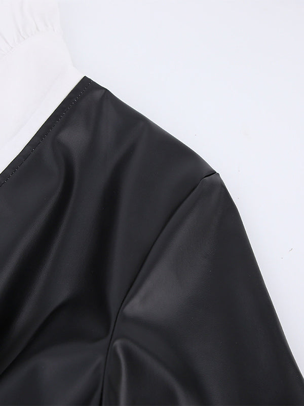 Loose Puff Sleeves Elasticity Pleated Split-joint Peter Pan Collar Mini Dresses